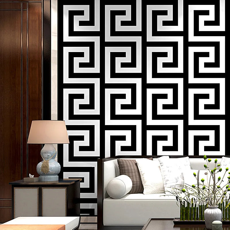 Greek Key Geometric Wallpaper – Modern PVC Waterproof Wall Decor for Bathroom, Hotel & Study