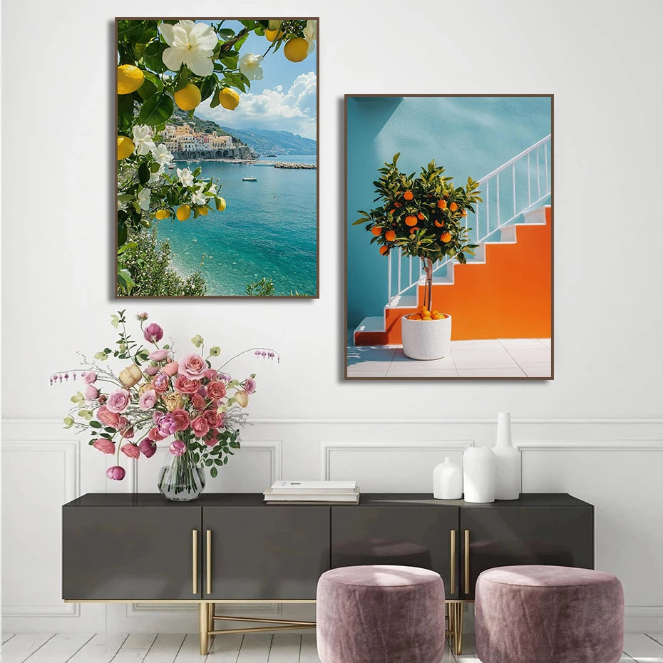 Retro Mediterranean Landscape Canvas – Greek  Lemon, Orange & Olive Tree Wall Art