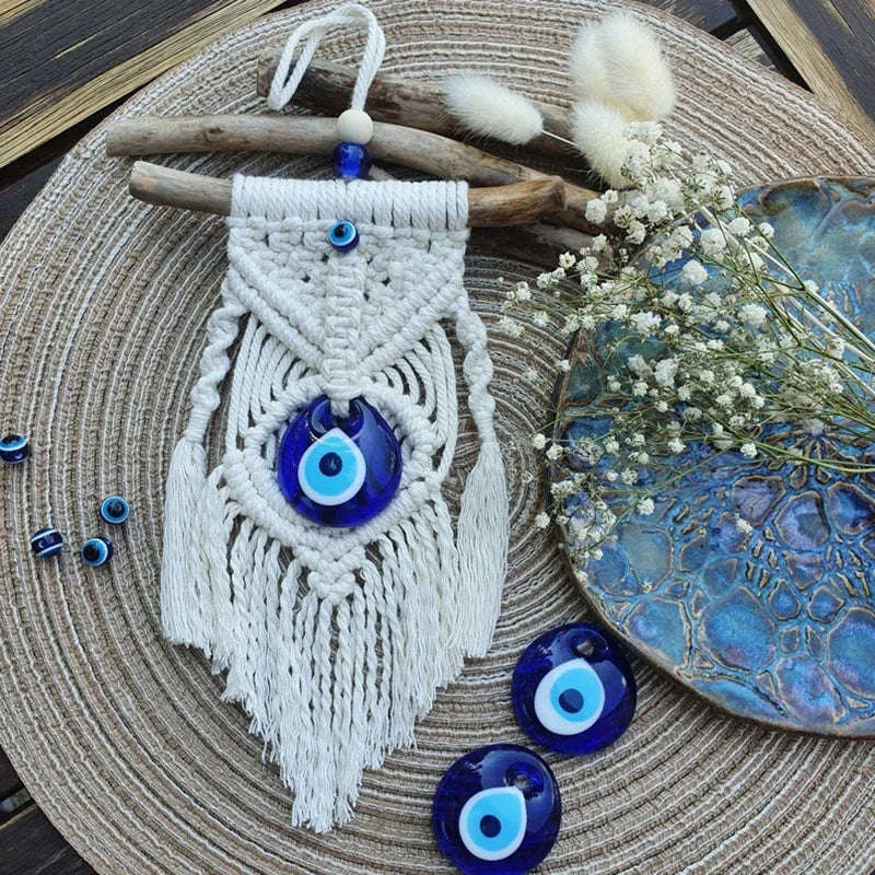 Handmade Macrame Wall Hanging with Blue Greek Evil Eye