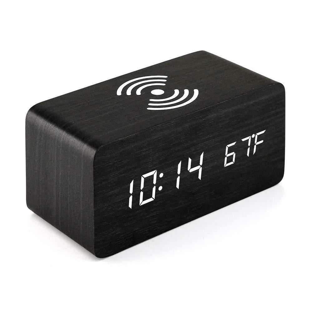 LED Digital Wooden Alarm Clock – USB/AAA Powered Table Clock with Temperature, Humidity, Wireless Charging for Desk
