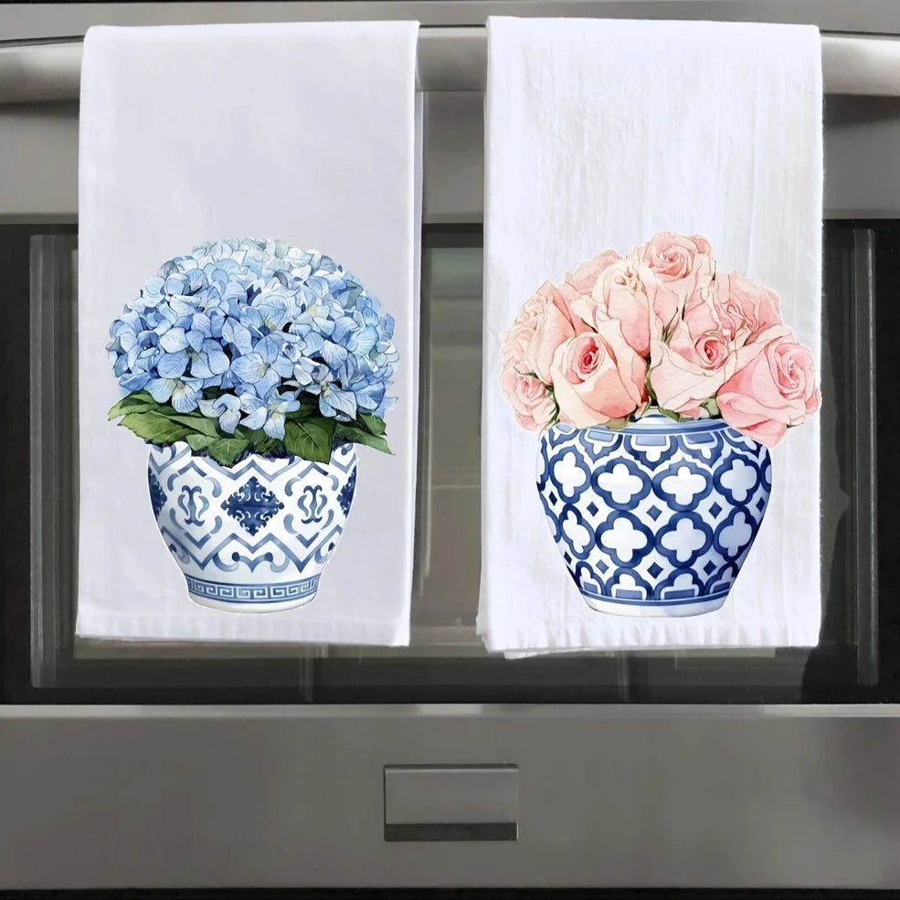 Blue & White Kitchen Towels – Hydrangea & Vase Print, Super Soft Fabric