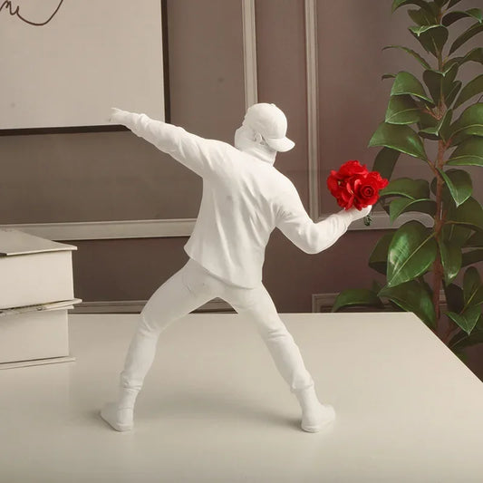 Modern Banksy-Inspired Flower Thrower Resin Sculpture – Designer Figurine for Living Room & Home Décor