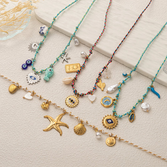 🌟 Summer Sea Starfish & Pearl Pendant Necklace – Colorful Rope, Gold-Platedummer Sea Love Pendant Necklace – Starfish & Pearl Colorful Dopamine Rope, Gold-Plated Romantic Jewelry