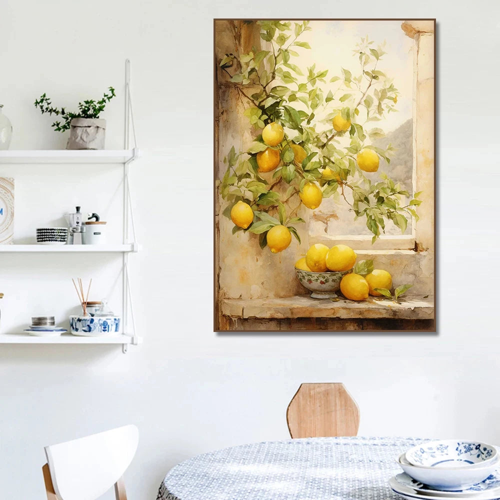 Greece-Inspired Mediterranean Wall Art – Lemon Olive Tree Canvas Painting