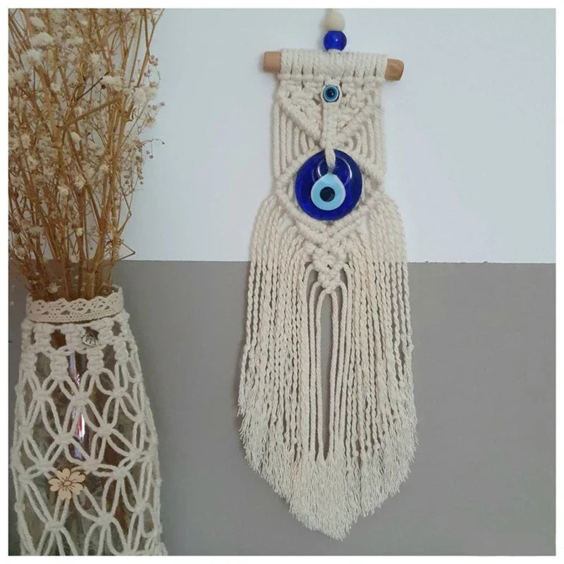 Handmade Macrame Wall Hanging with Blue Greek Evil Eye