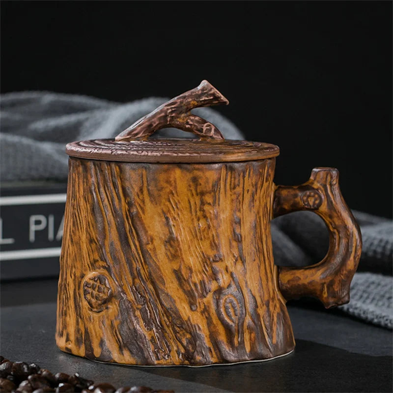 Vintage Tree Stump Ceramic Mug – Wood Texture Coffee Cup with Handle & Lid