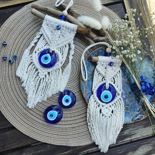 Handmade Macrame Wall Hanging with Blue Greek Evil Eye