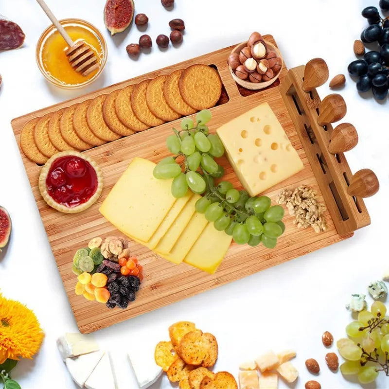 Large Bamboo Cheese Board Set – Wooden Serving Tray with 4 Knives & Cutting Board