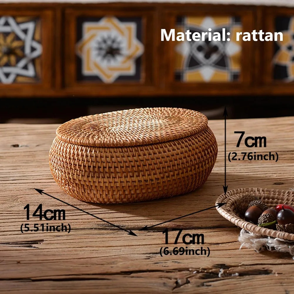 Handmade Rattan Organizer Box – Round Decorative Basket with Lid for Stylish Storage