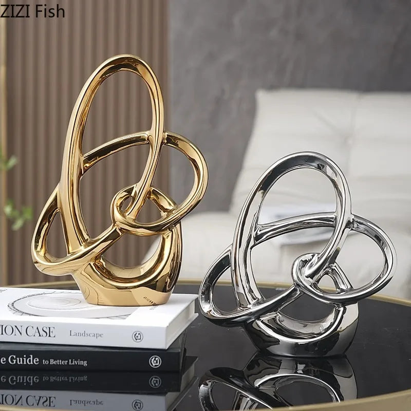Modern Ceramic Ring Sculpture – Electroplated Decorative Figurine for Home