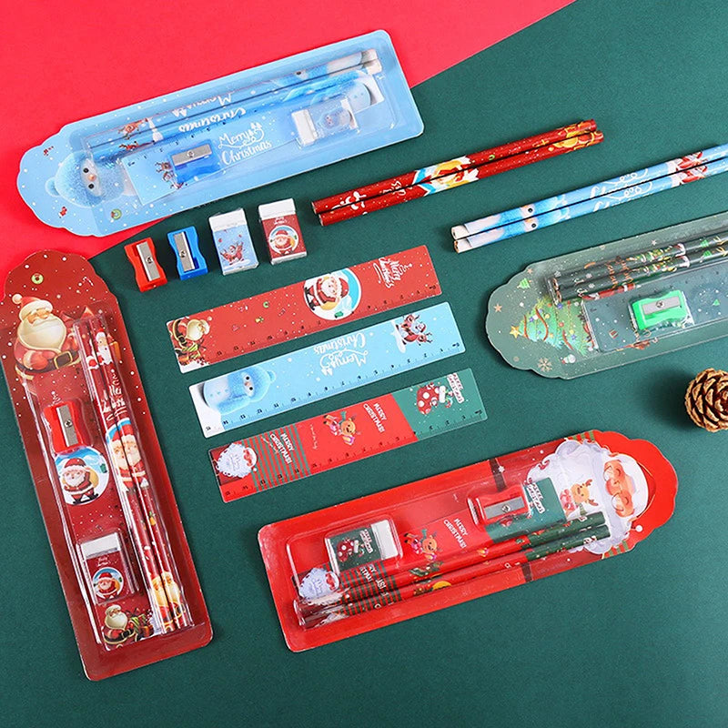 🎄📝 1 Set Christmas Stationery Set – Kids Cartoon Pencil, Eraser, Ruler, Memo Pad & Sharpener | School Supplies & Holiday Gift 🎅🎁