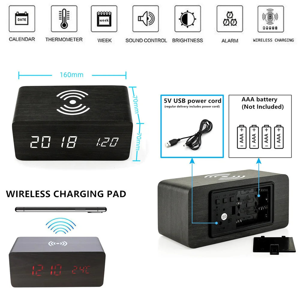 LED Digital Wooden Alarm Clock – USB/AAA Powered Table Clock with Temperature, Humidity, Wireless Charging for Desk