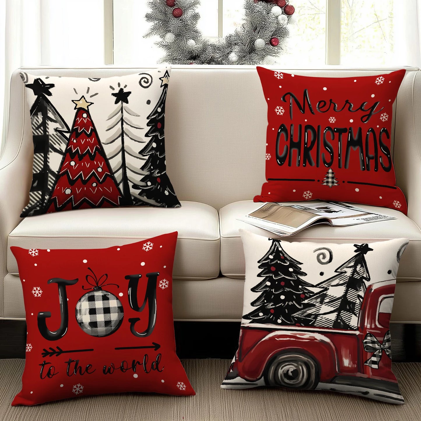 ❄️Red Snowflake & Letter Printed Christmas Pillow Covers (1/4pcs) - Festive Holiday Cushion Decor 🎄
