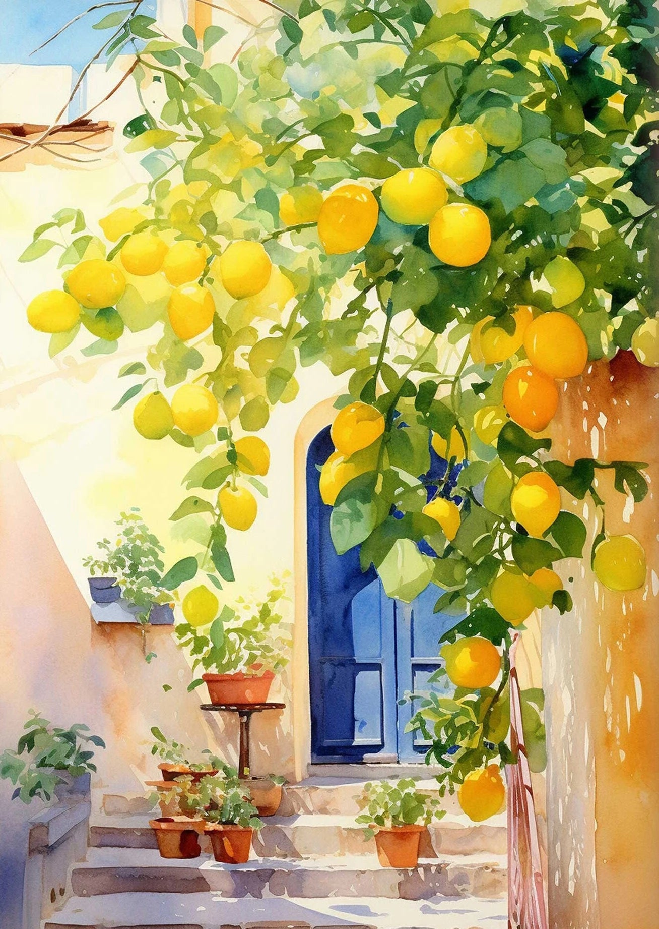 Greece-Inspired Mediterranean Wall Art – Lemon Olive Tree Canvas Painting