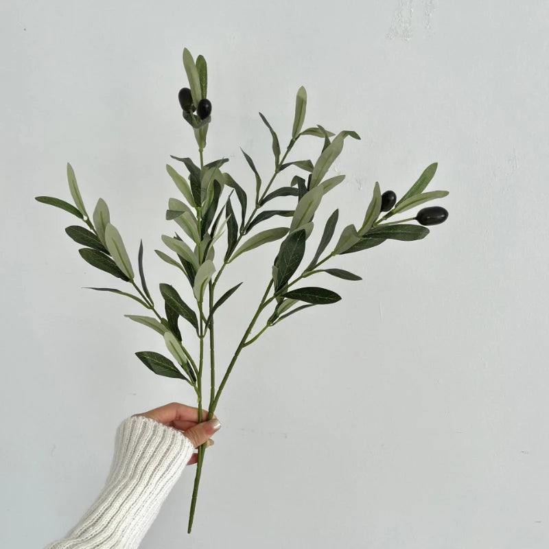 45CM Artificial Olive Branch with Fruit – 4-Fork Green Leaf Stem for Home Decoration & Photography Prop