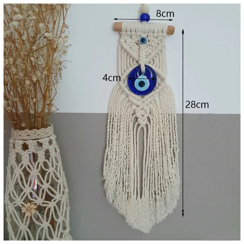 Handmade Macrame Wall Hanging with Blue Greek Evil Eye