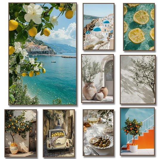 Retro Mediterranean Landscape Canvas – Greek  Lemon, Orange & Olive Tree Wall Art