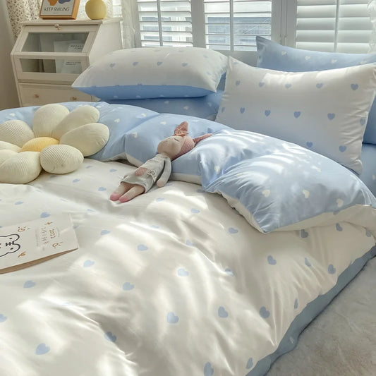 Ins Blue Love Heart Bedding Set – Soft Bed Sheet, Pillowcase & Duvet Cover for Women & Girls, Twin/Full/Queen