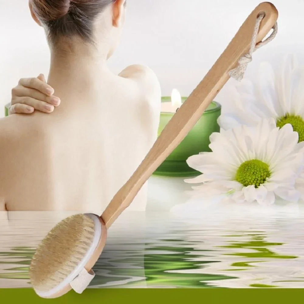 1Pc Wooden Long Handle Shower Body Brush – Detachable Bath & Massage Exfoliating Back Brush