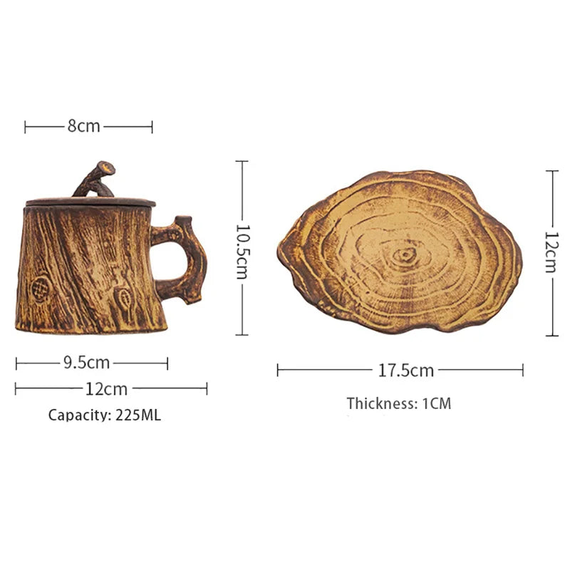 Vintage Tree Stump Ceramic Mug – Wood Texture Coffee Cup with Handle & Lid