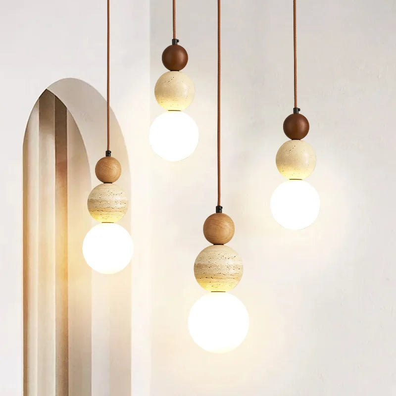 Cream Style Pendant Lamp – LED Stone & Wood Light