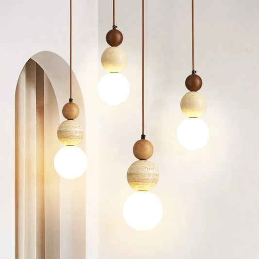 Cream Style Pendant Lamp – LED Stone & Wood Light