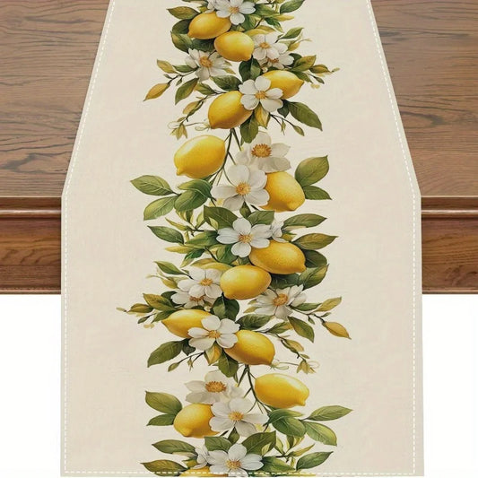 Spring Lemons & Flowers Linen Table Runner – Seasonal Summer Holiday Decor for Kitchen & Dining Table