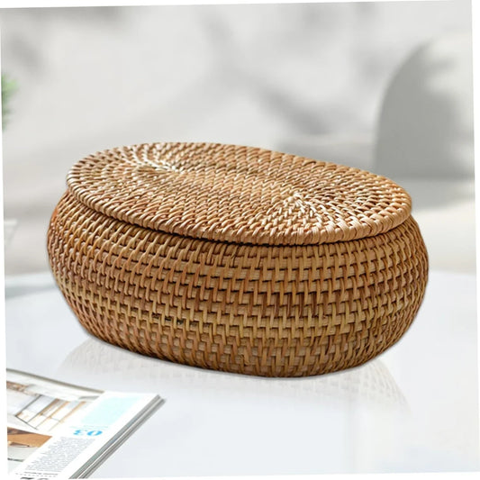 Handmade Rattan Organizer Box – Round Decorative Basket with Lid for Stylish Storage