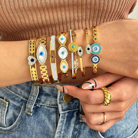 Exquisite Stainless Steel Evil Eye Charm Bracelet with Hollow Design & Rhinestones