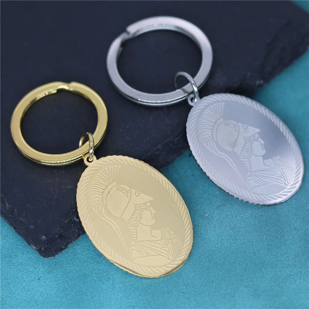 Ancient Greek Goddess Athena Pendant Keychain – Stainless Steel Medallion