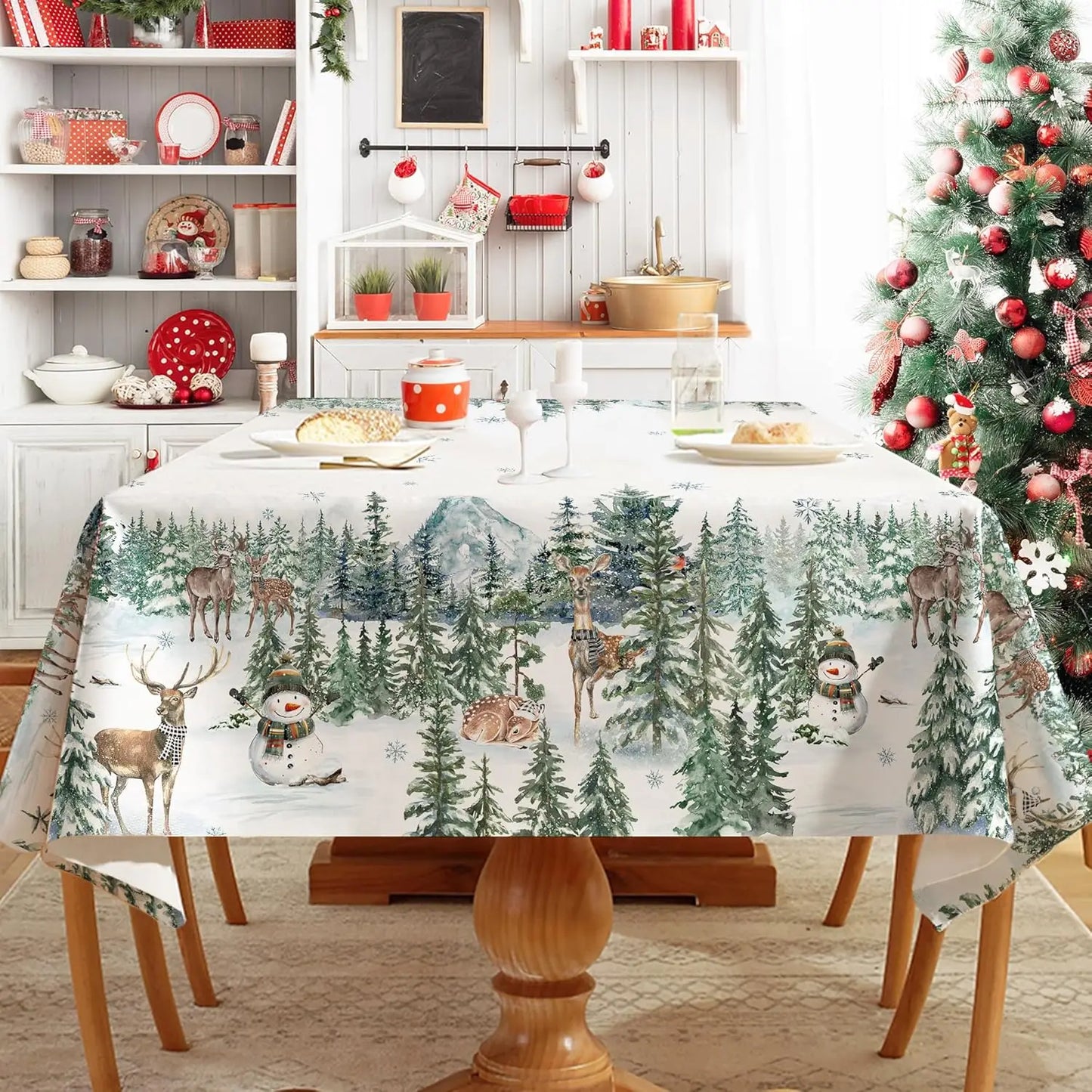 Merry Christmas Snowman & Deers Tablecloth 🦌⛄ | Washable Polyester Table Cover for Festive Dining Decor ✨