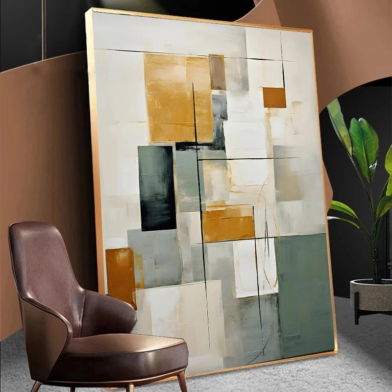 Earthy Green Abstract Canvas – Minimalist Geometric Texture Wall Art