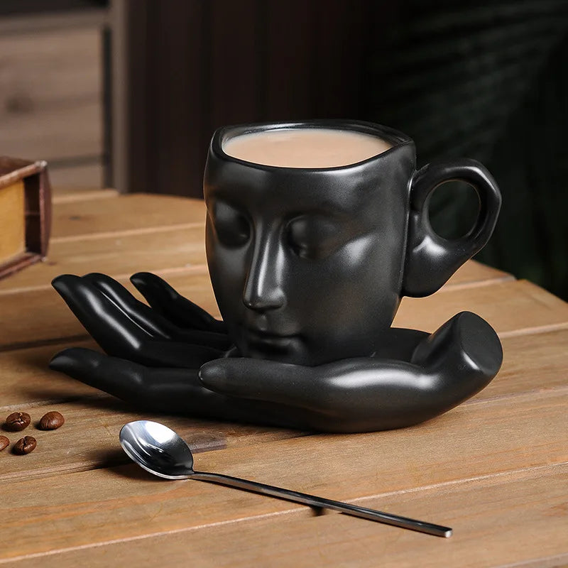 Abstract Face Ceramic Mug Set – Electroplated Coffee Cups with Artistic Design
