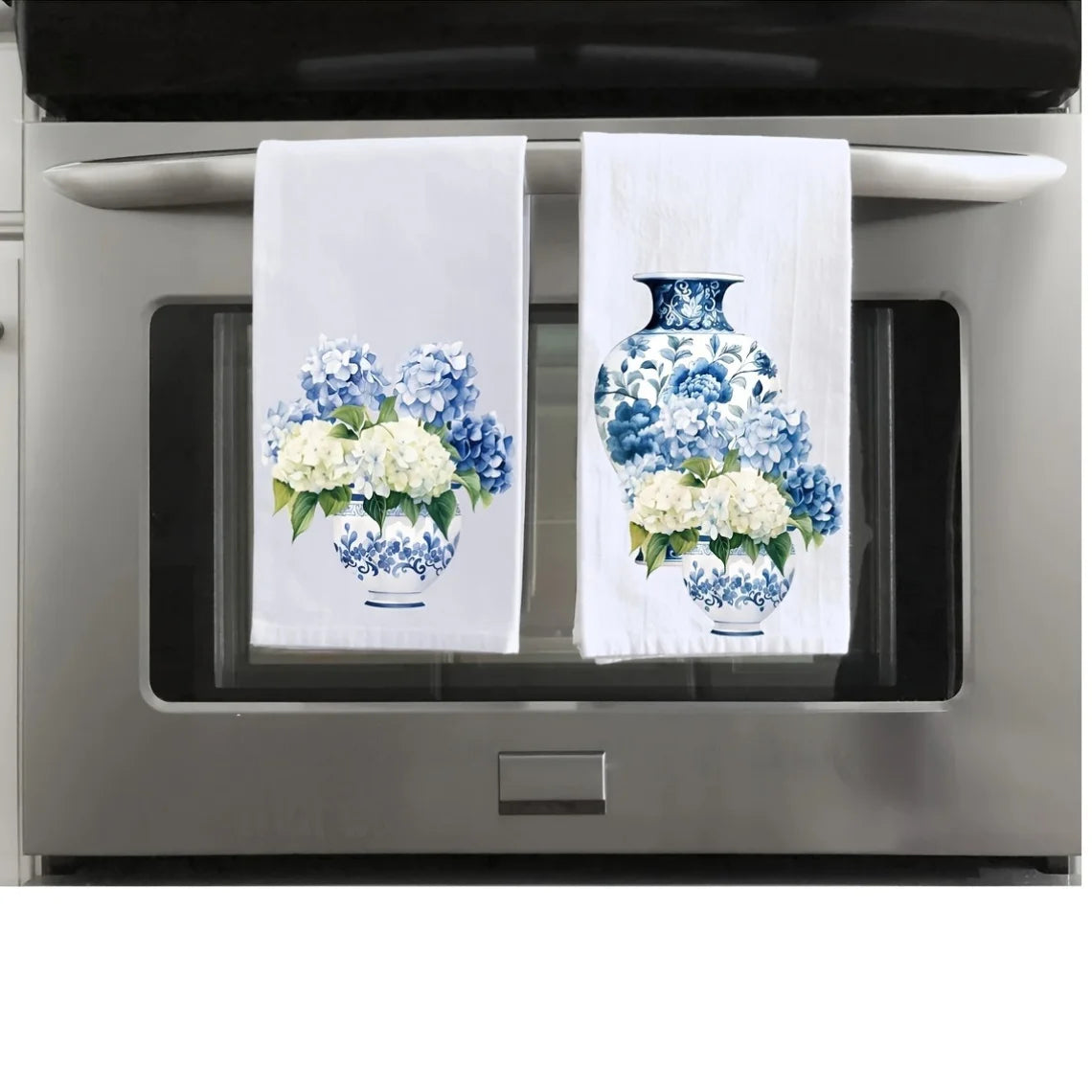 Blue & White Kitchen Towels – Hydrangea & Vase Print, Super Soft Fabric