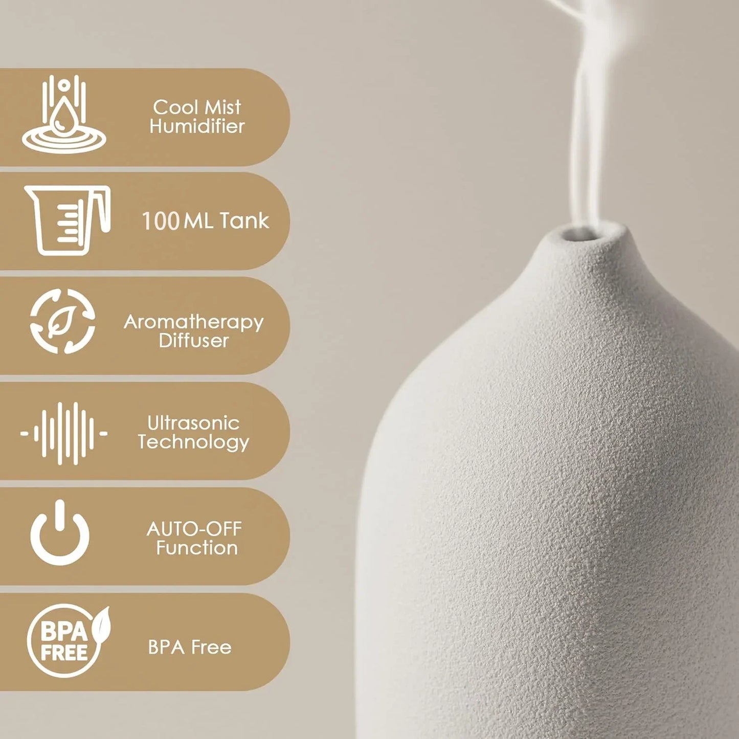 Aromatherapy Ceramic Diffuser 100ml – Ultrasonic Humidifier with LED & Timer