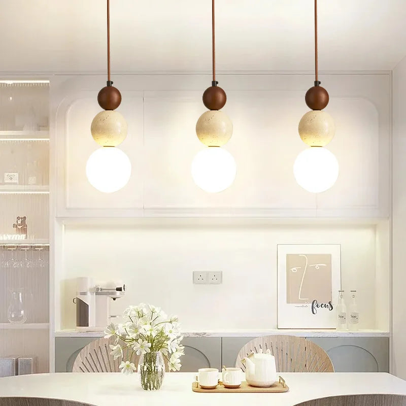 Cream Style Pendant Lamp – LED Stone & Wood Light