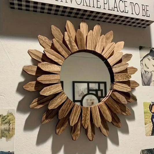 Rustic Sunflower Wall Mirror – Wooden Frame for Living Room, Entrance & Bedroom Decor