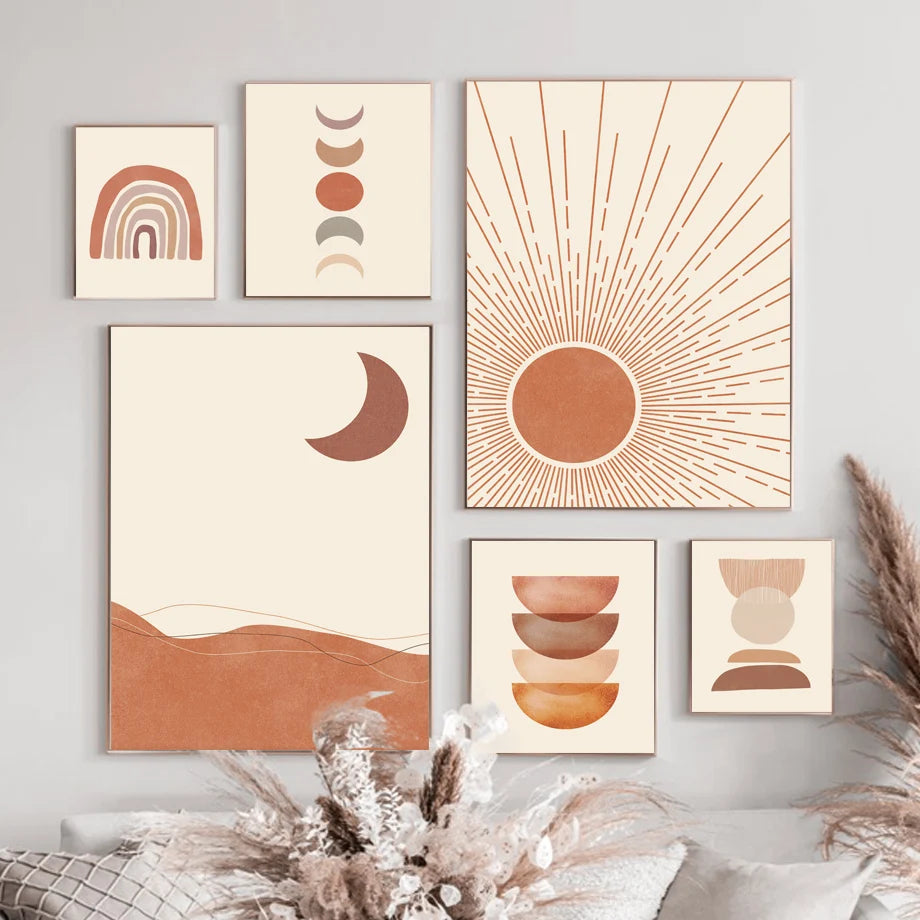🖼️ Sun Moon Rainbow Leaf Geometry Wall Art – Abstract Canvas Prints for Bedroom & Living Room Decor