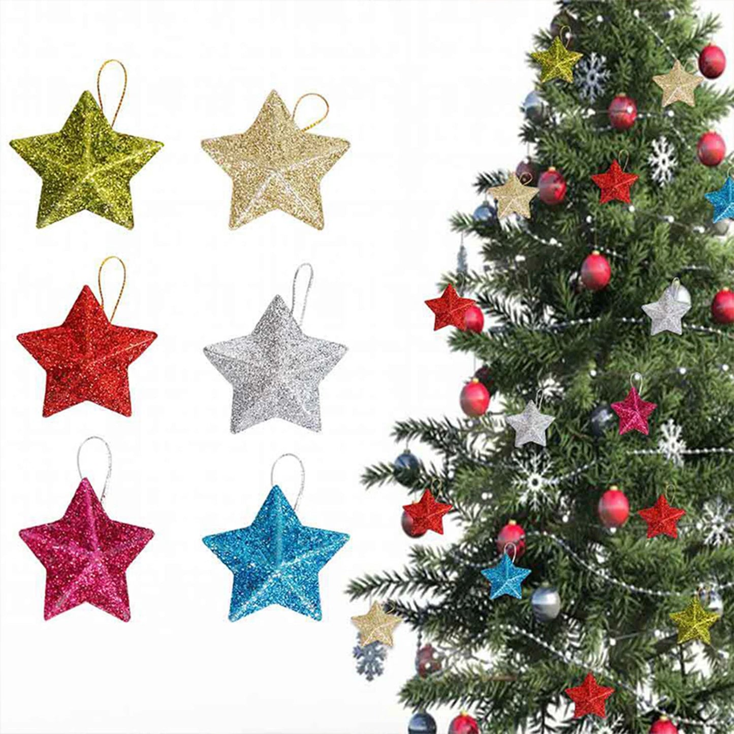 ⭐✨ Gold Glitter Star Ornaments – Christmas Tree Pendants | Festive Plastic Decorations for Holiday Parties & Navidad 2026 ✨⭐