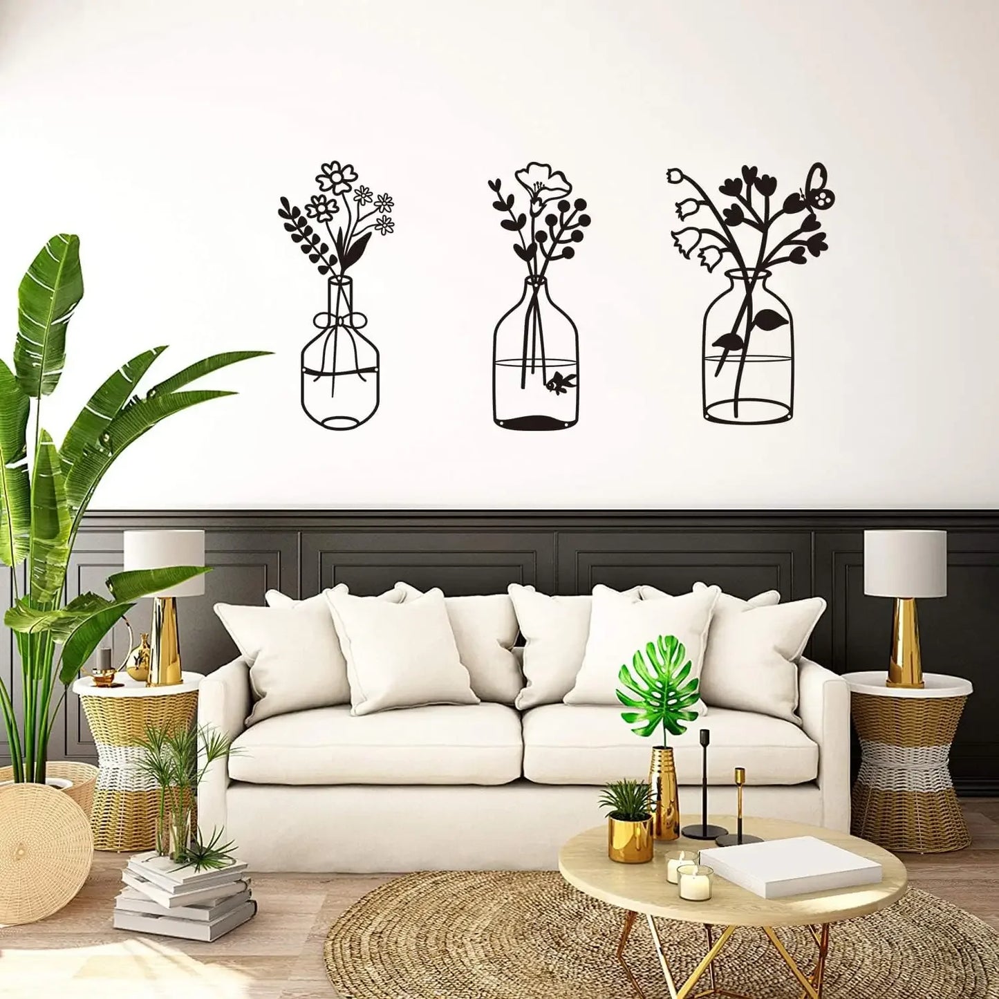 Set of 3 Black Metal Flower Wall Sculptures – Hanging Wall Art for Indoor Home, Kitchen & Bedroom