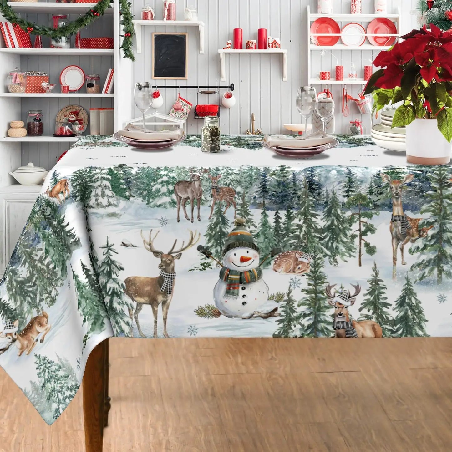 Merry Christmas Snowman & Deers Tablecloth 🦌⛄ | Washable Polyester Table Cover for Festive Dining Decor ✨
