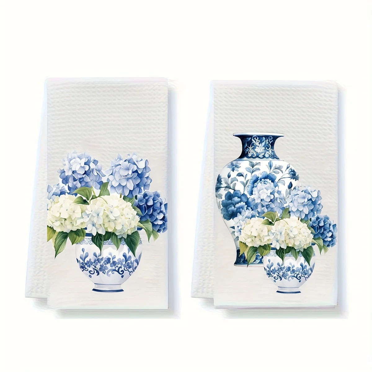 Blue & White Kitchen Towels – Hydrangea & Vase Print, Super Soft Fabric