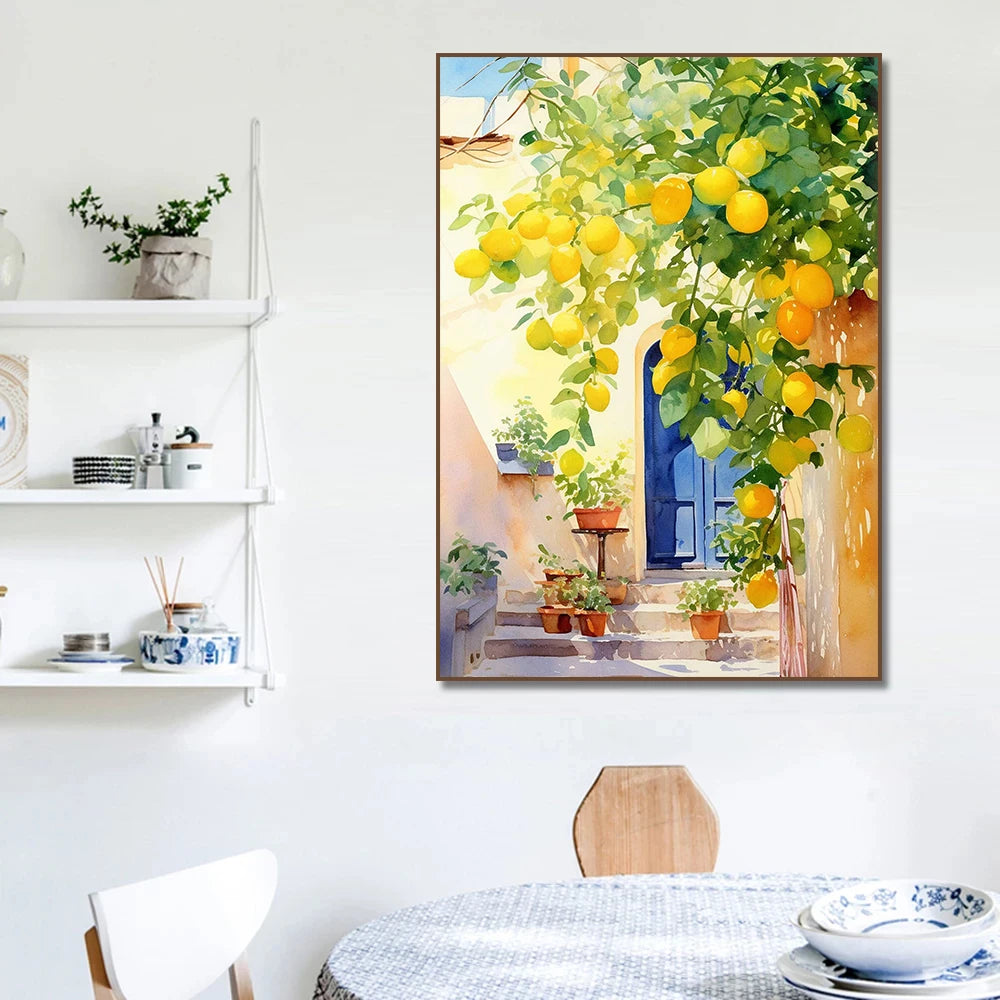 Greece-Inspired Mediterranean Wall Art – Lemon Olive Tree Canvas Painting