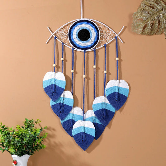 🧿 Blue Evil Eye Dreamcatcher with Macrame Leaves – Handmade Boho Wall Hanging for Home & Bedroom