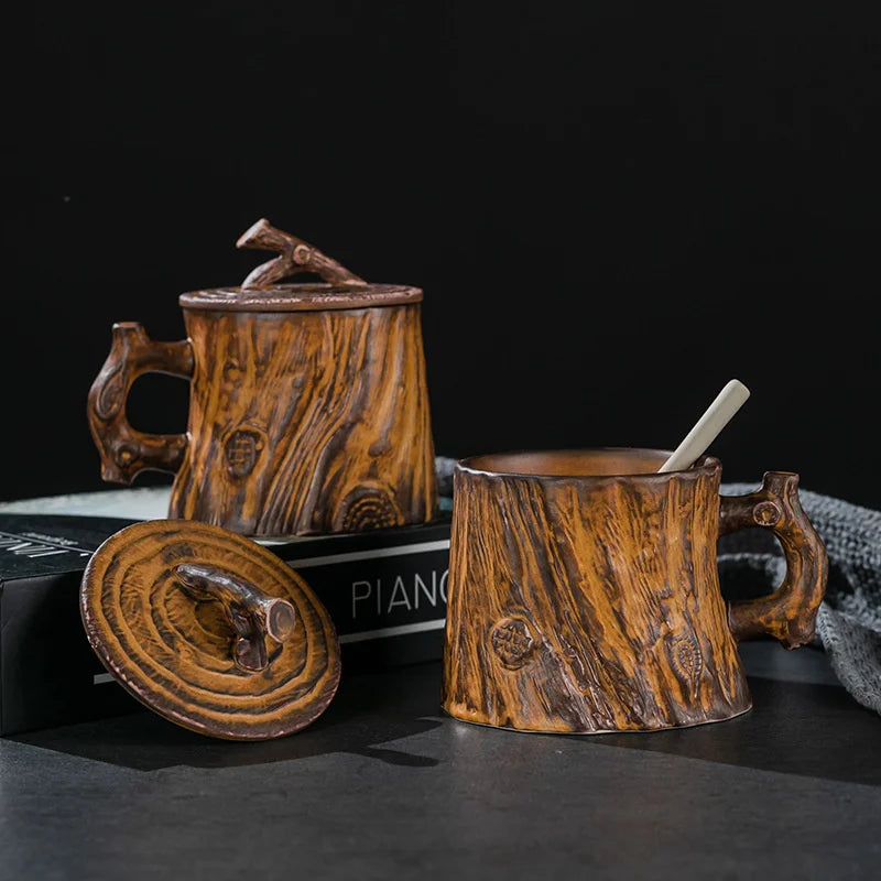Vintage Tree Stump Ceramic Mug – Wood Texture Coffee Cup with Handle & Lid