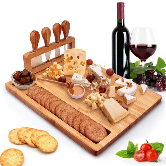 Large Bamboo Cheese Board Set – Wooden Serving Tray with 4 Knives & Cutting Board