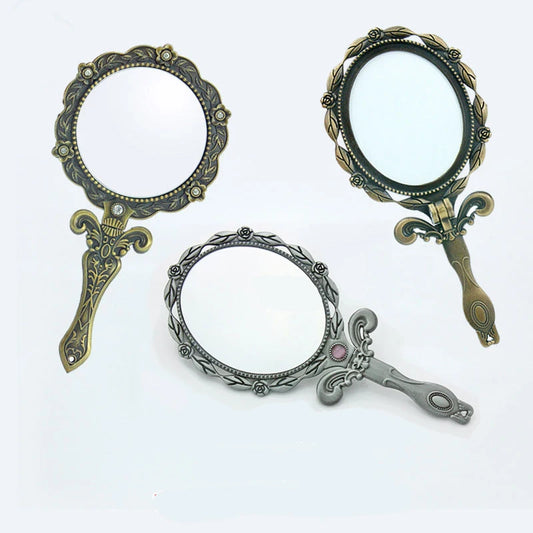 "Vintage Metal Handheld Makeup Mirror – Mini Folding Compact Mirror with Long Handle, Elegant Cosmetic Mirror for Women