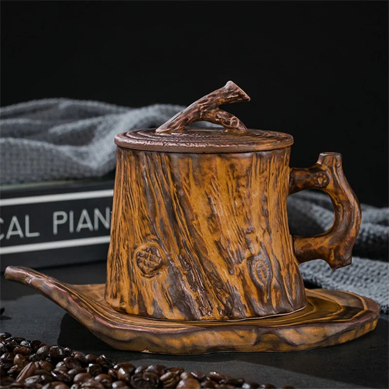 Vintage Tree Stump Ceramic Mug – Wood Texture Coffee Cup with Handle & Lid