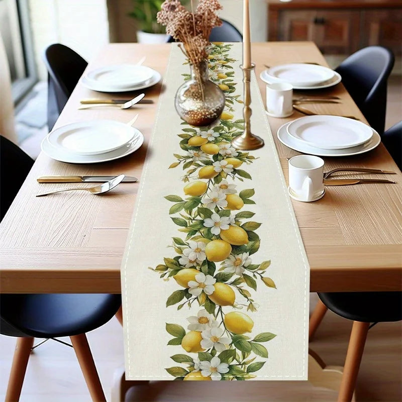 Spring Lemons & Flowers Linen Table Runner – Seasonal Summer Holiday Decor for Kitchen & Dining Table