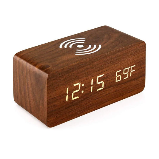 LED Digital Wooden Alarm Clock – USB/AAA Powered Table Clock with Temperature, Humidity, Wireless Charging for Desk